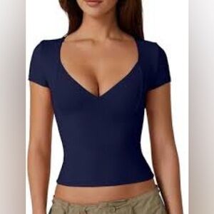 QINSEN V Neck Short Sleeve Navy Double Lined Babydoll Y2K Stretch Tee Top SM